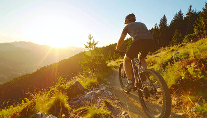 Fototapeta premium Adventure cyclist riding mountain bike downhill at sunrise – outdoor fitness and extreme sports concept