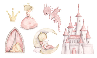 Pink dreams. Watercolor hand-drawn clip-art with princess, castle, dragon and crown. Fairytale illustrations for baby girl. For design baby shower, birthday, girls's parties and nursery.