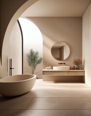Ein modernes, minimalistisches Badezimmer in Beige mit glatten Steinflächen und eleganter, gebogener Architektur