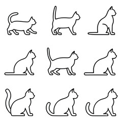 Set of nine different cat poses in outline style on white background