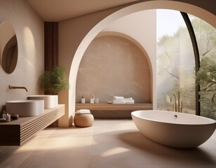 Ein modernes, minimalistisches Badezimmer in Beige mit glatten Steinflächen und eleganter, gebogener Architektur