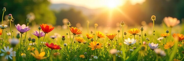 Sun-Drenched Wildflowers Dance in a Vibrant Summer Meadow, bathed in golden light, a picturesque scene of natural beauty buzzing with unseen insect life.