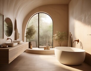 Ein modernes, minimalistisches Badezimmer in Beige mit glatten Steinflächen und eleganter, gebogener Architektur