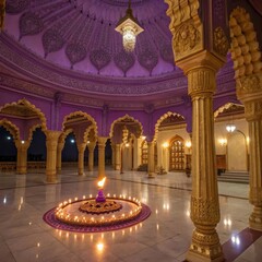 Ornate indian palace interior with diya lamps and purple dome isolated on white background