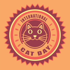 International Cat Day Badge with Cartoon Cat Face Illustration