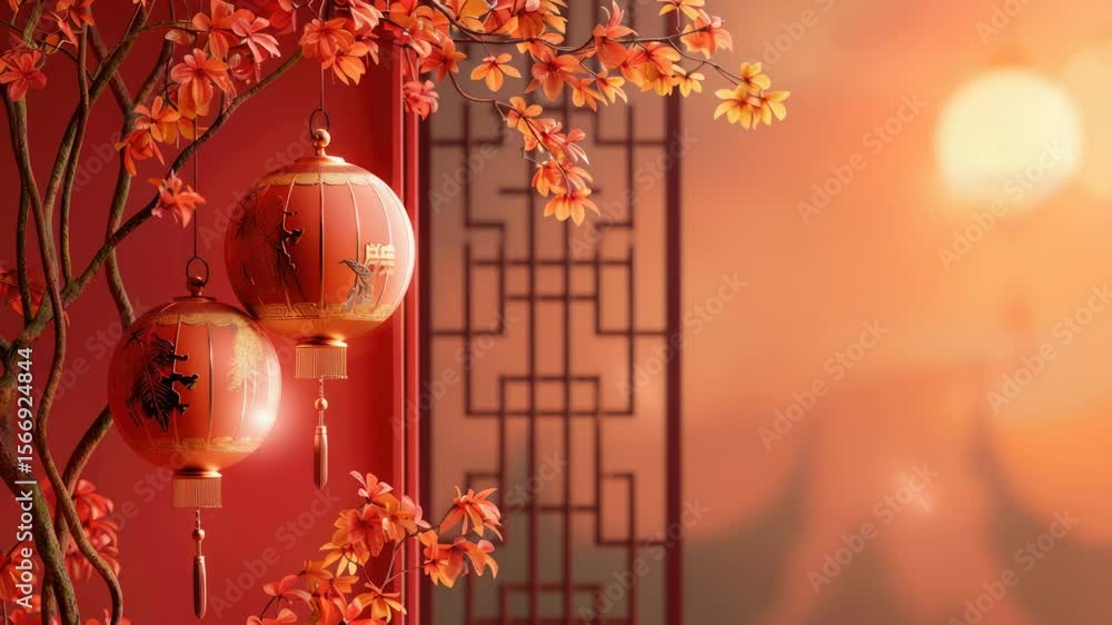 Poster a couple of red lanterns hanging from a tree branch, adding warm ambiance to the scene