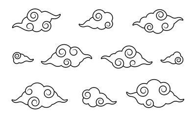 Traditional chinese cloud ornament in vector. Collection of oriental clouds with curly lines. Decorative line elements for poster, cultural greeting, festival isolated on white background