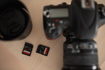Camera with lens and flash drives. brown background