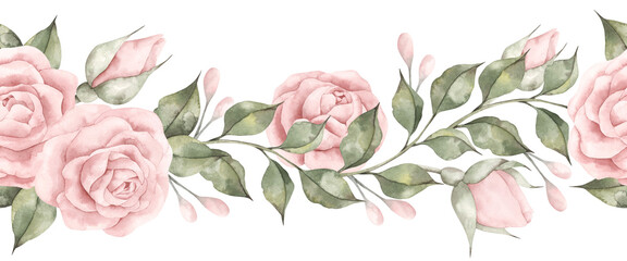 Pink dreams. Watercolor hand-drawn horizontal border with climbing pink rose bush, with roses, buds and leaves. Seamless pattern for baby girl. Fairytale print for kids.