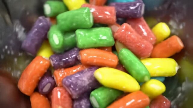 Assortment of vibrant colorful hard candies in metal bowl close up view