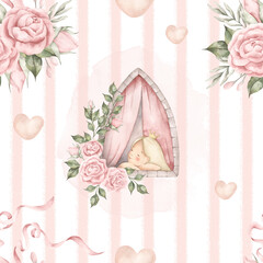Pink dreams. Watercolor hand-drawn seamless pink stripe pattern with little princess girl is dreaming on the castle window and bouquet of pink roses. Fairytale print for baby girl.