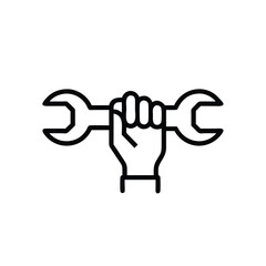 Hand holding a wrench symbol on handdrawn line art spanner tool