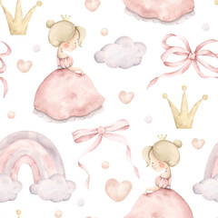 Pink dreams. Watercolor hand-drawn seamless pattern with little princess girl in pink dress, rainbows, clouds, crown, abows, ribbon, hearts and confetti. Fairytale print for baby girl.
