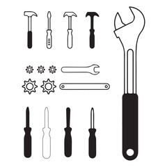 Clean, simple vector various hand tools, including hammers, screwdrivers, wrenches, and a few gear symbols.