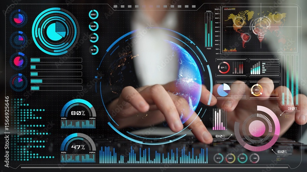 Poster high-tech global network connection interface showing worldwide digital communication, data exchange