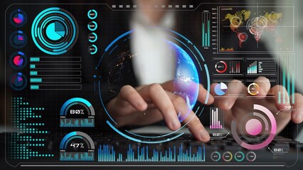 High-tech global network connection interface showing worldwide digital communication, data...