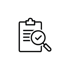 Icon clipboard with lines magnifying glass with checkmark symbol document paper