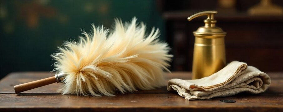Nostalgic Vintage Housekeeping Feather Duster, Brass Polish, and Antique Table