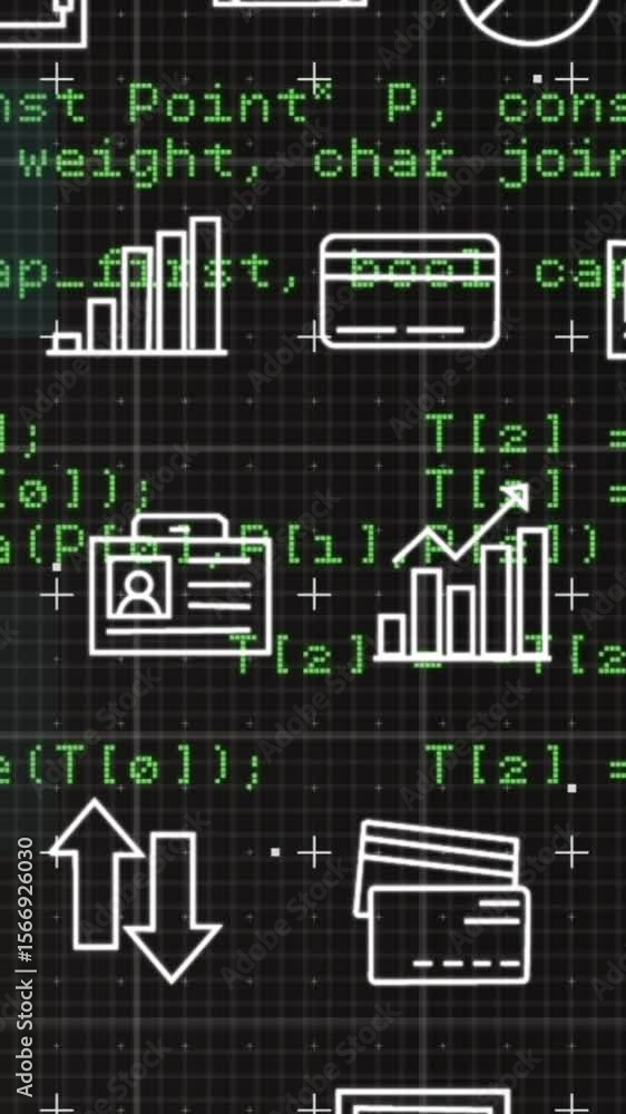 Poster animation of multiple digital icons moving over data processing against black background