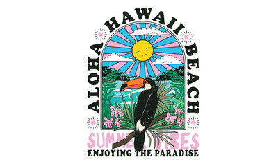 Naklejka na ściany i meble Enjoy summer day. Toucan paradise artwork. Summer vibes artwork. Surf club design. Tropical bird with palm tree graphic print design. Enjoy beach life. Summer vibes artwork.
