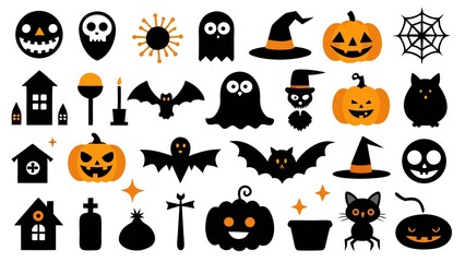 Photo of halloween pumpkins, ghosts, and bats isolated on white background