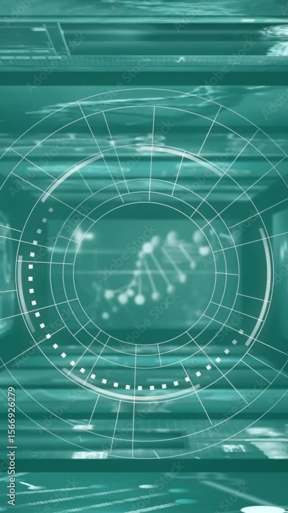 Poster animation of round scanner spinning against screens with medical data processing on green background