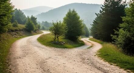 A dirt road forks into two paths in a green, mountainous landscape