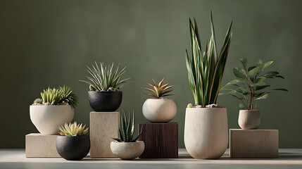 Minimalist potted succulents and desert plants on pedestals