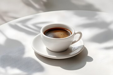 Fototapeta premium High-resolution photo with ceramic cup of coffee with saucer. Cappuccino. Americano. Flat white. Coffee latte. For editorial or commercial use. Coffee cup background. Cafe advertising 