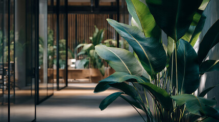 Fototapeta premium Tropical plants in modern office hallway