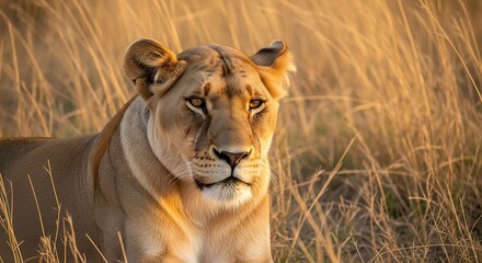 Majestic African Lioness in Golden Grassland Sunset