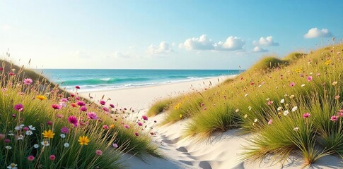 Serene coastal meadow with wildflowers in bloom, gently swaying sea grass, and soft sand dunes in the background Perfect for nature, travel, and environmental themes , scenery, peaceful