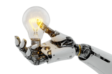 Robotic hand holding a glowing lightbulb, symbolizing AI innovation and bright ideas.