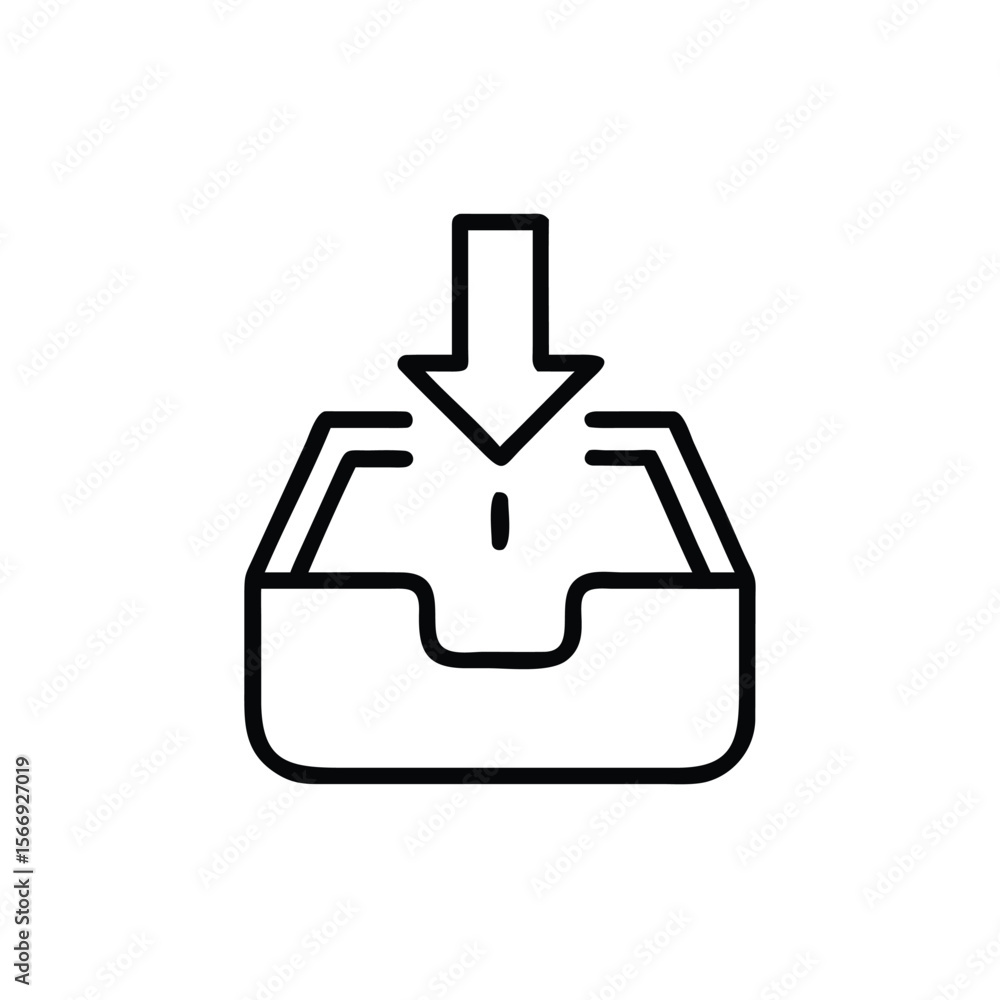 Poster handdrawn inbox symbol with downward arrow receiving tray on download