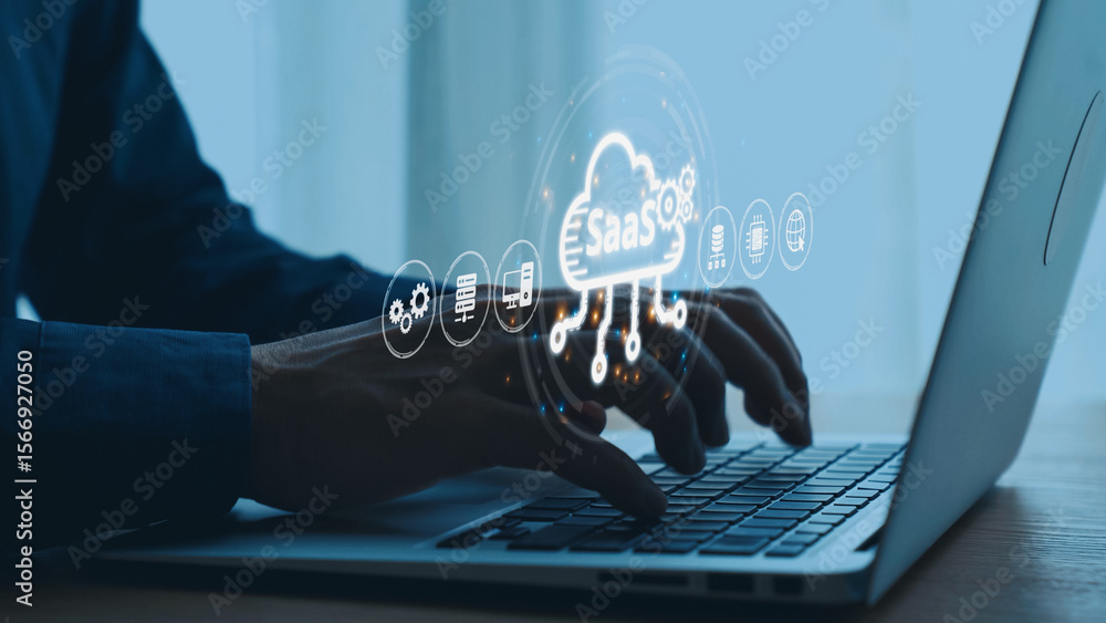Poster visual representation of saas showing infrastructure, saas deployment, saas platform features, and s