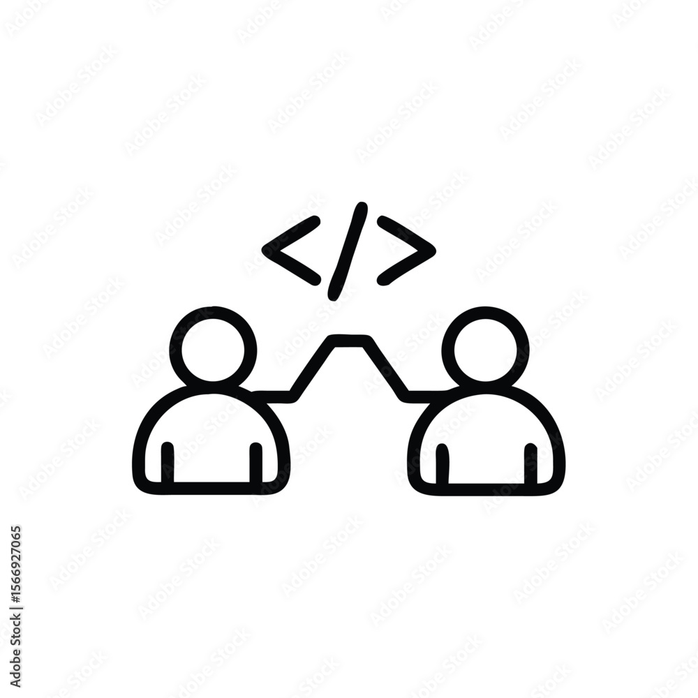 Poster two line figures high fiving with code symbols above on a people coding