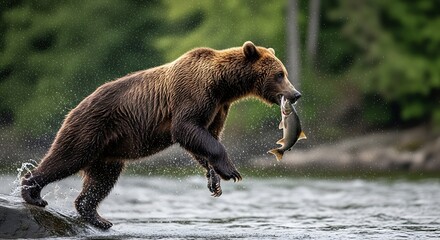 Fototapeta premium Grizzly Bear Catching Salmon A Powerful Moment in Nature