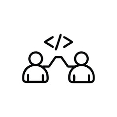 Two line figures high fiving with code symbols above on a people coding