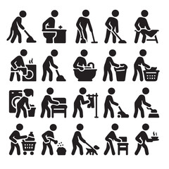 Household Chores Silhouette Icon Set Showing Daily Cleaning and Tasks