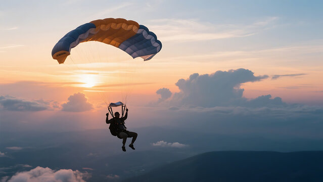 A paraglider soars gracefully through a vibrant sunset sky, with a colorful parachute against a backdrop of beautiful clouds and mountain ranges.