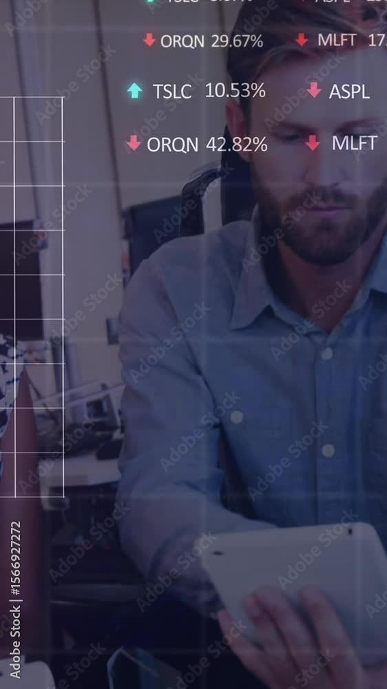 Poster animation of graphs and trading board over diverse coworkers discussing reports on digital tablet
