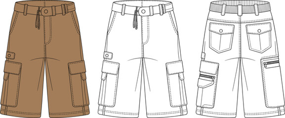 Detailed Cargo Shorts Flat Sketch Set: Men's Versatile Utility Bermudas with Multiple Pockets, Drawstrings, and Belt Loops for Fashion, Apparel, and Technical Design Resources, Ideal for.