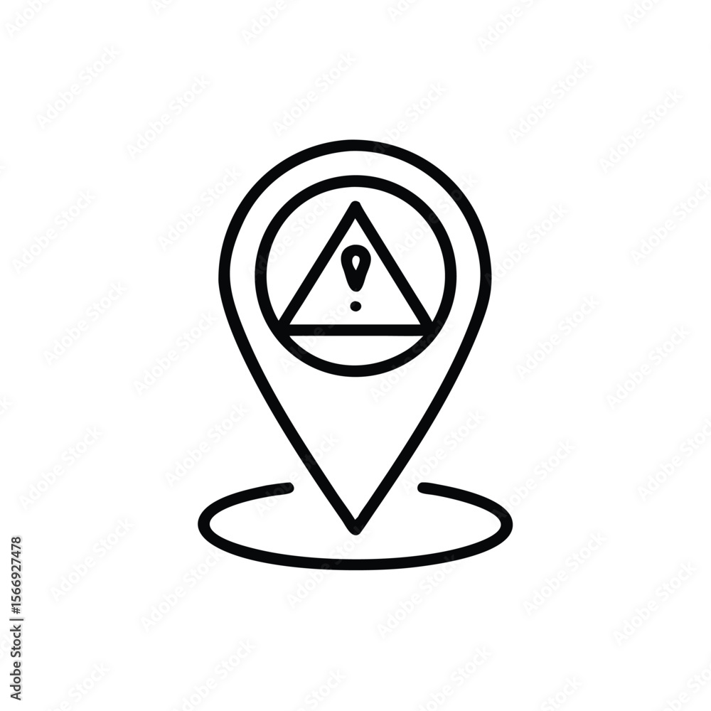 Poster location pin icon with warning symbol inside a circle on marker