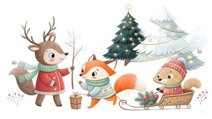 Cute cartoon deer fox and squirrel in winter clothes with Christmas trees isolated on a transparent background