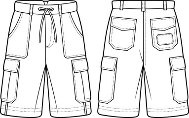 Men's Drawstring Cargo Shorts Flat Fashion Technical Drawing Template, Multiple Pockets and Elastic Waistband Detail, Apparel Design for Production, Casual Outdoor Wear.