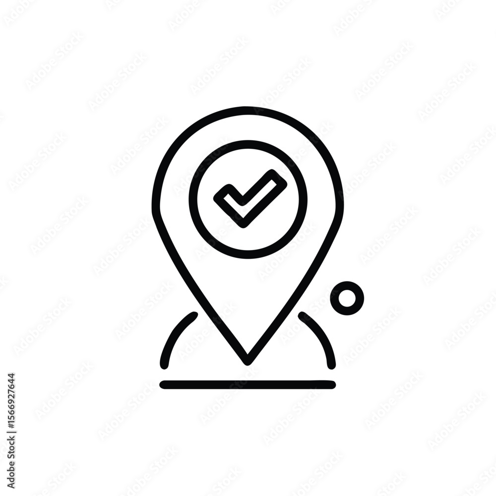 Poster location pin icon with a checkmark inside a circle symbol handdrawn marker