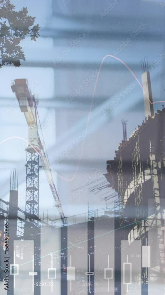 Poster animation of statistics and financial data processing over construction site