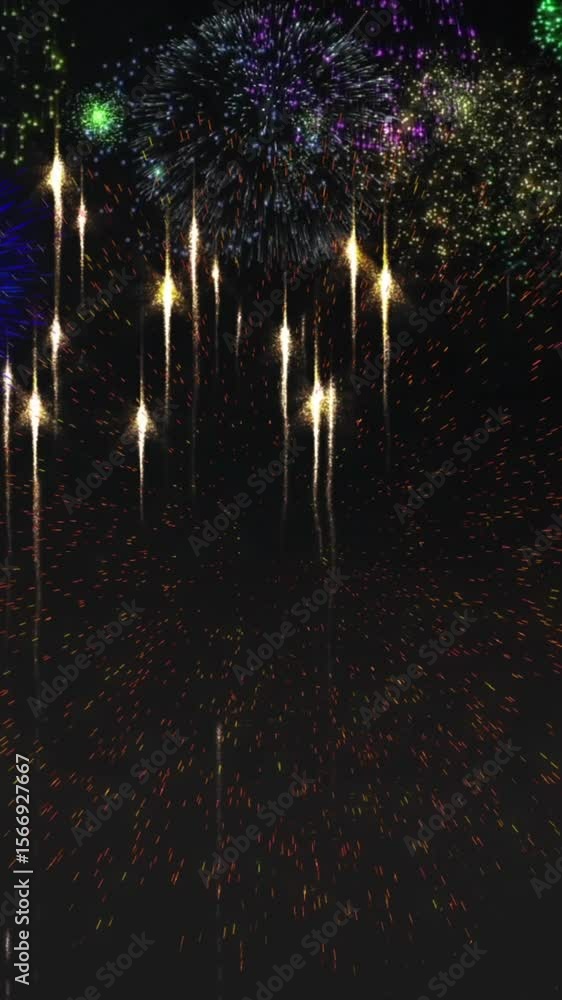 Poster animation of glowing light trails and fireworks exploding on black background