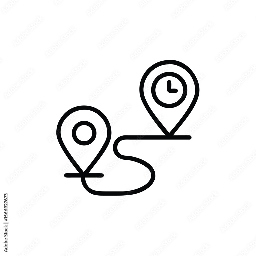Poster line art two location markers connected by a curved path with a clock symbol route