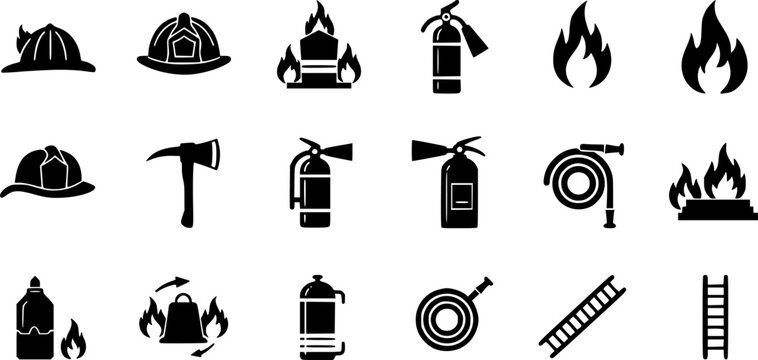 Firefighting Icons Set - Black and White Vector Illustration